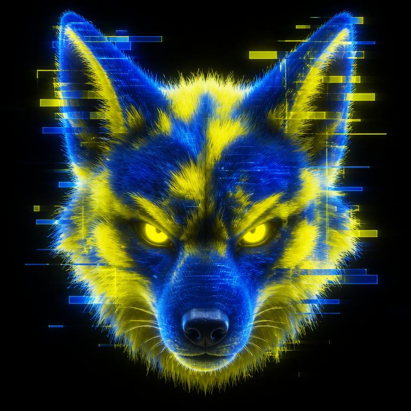 Glitched holographic fox mascot, the FuzzyFaces emblem